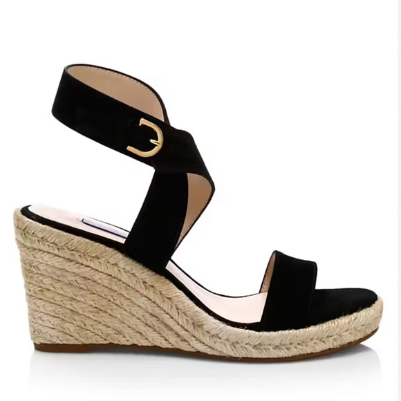 STUART WEITZMAN LEXIA BLACK LEATHER WOVEN HEEL ESPADRILLE SANDALS SIZE 10 - Picture 1 of 7